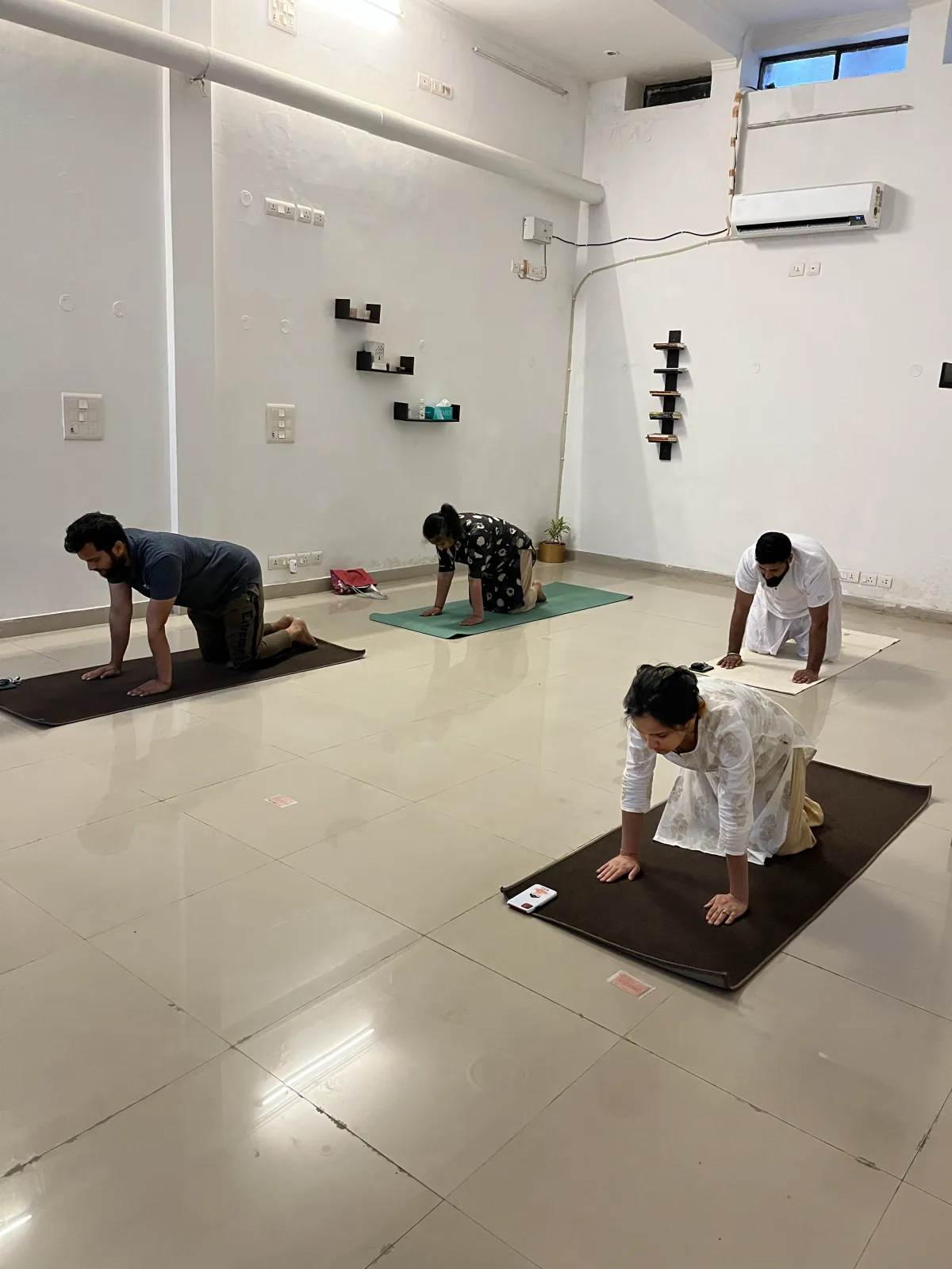 Yoga practitioners engaged in spine alignment and classical posture at Dhyana Yogasthala